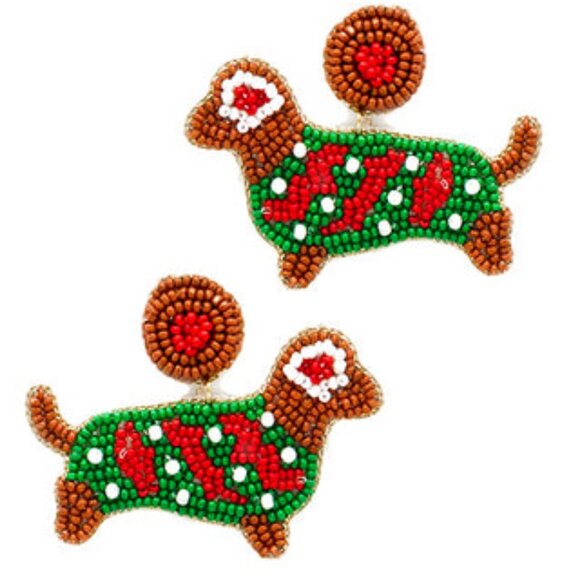 Dachshund Christmas Sweater Dog Pet Lovers Wiener Dog Seed Beaded Earrings - Picture 8 of 9